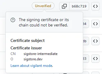Screenshot of GitHub's 'unverified' badge for a commit signed with gitsign