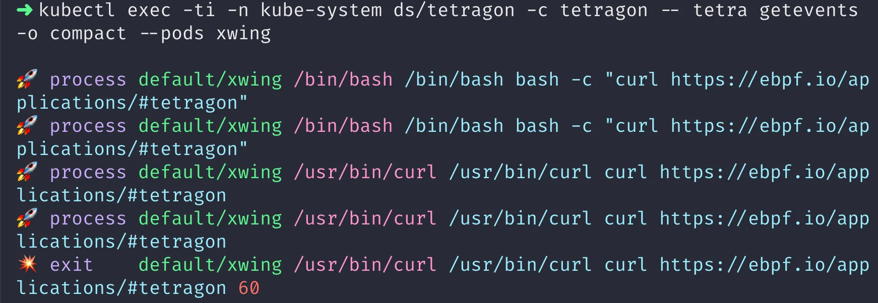Tetragon CLI output