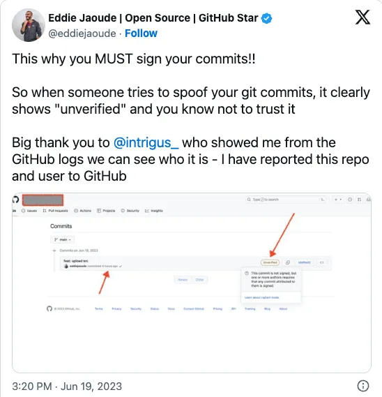 Screenshot of Eddie's tweet