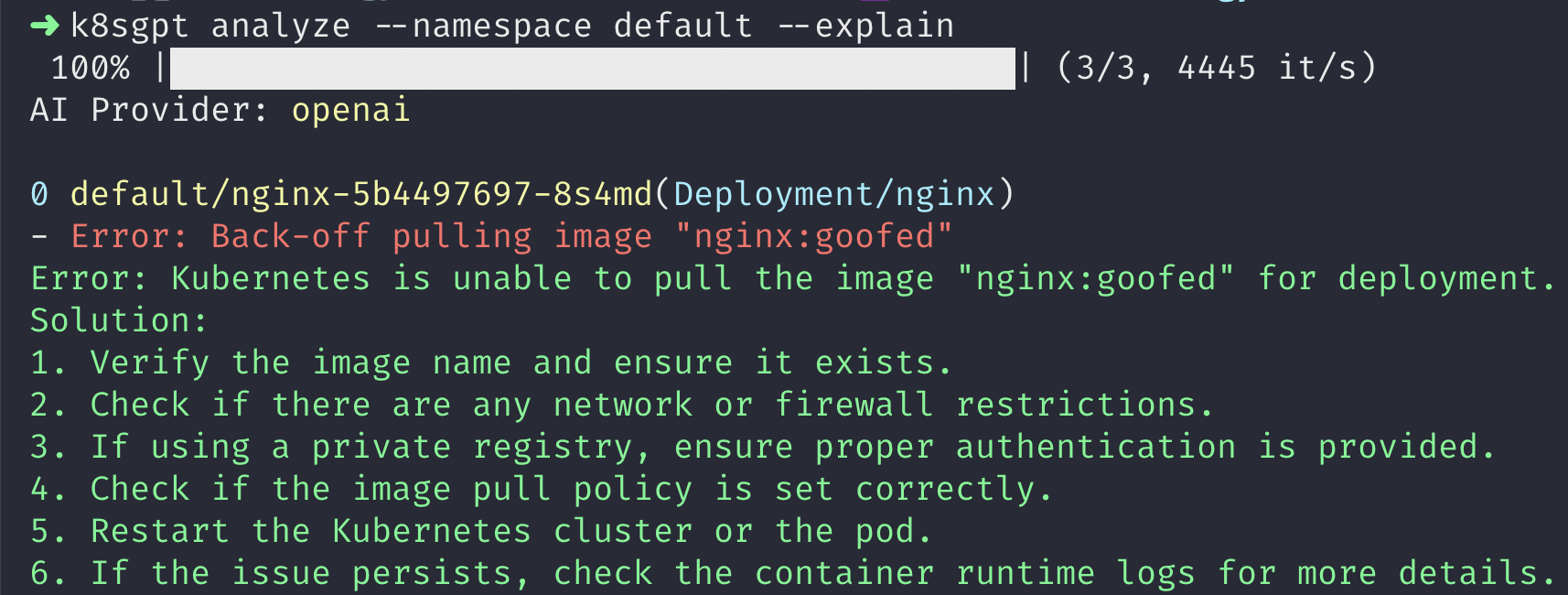 k8sgpt CLI output