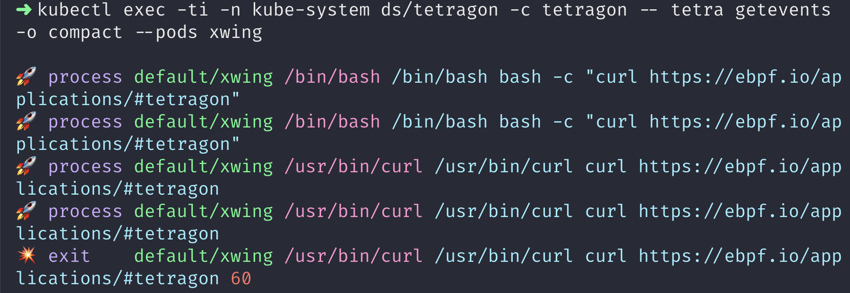 Tetragon CLI output
