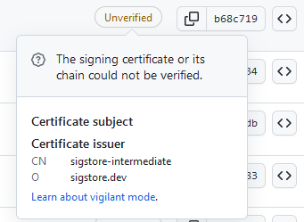 Screenshot of GitHub's 'unverified' badge for a commit signed with gitsign