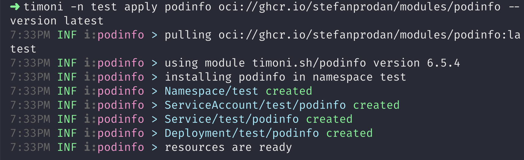 A screenshot of a terminal showing Timoni's output of a deployment